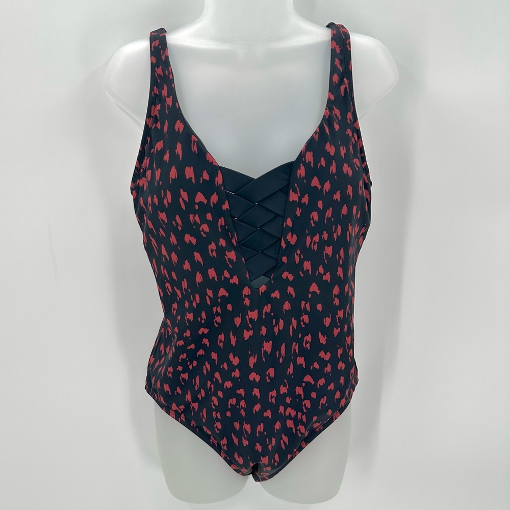 APT 9 Swimsuit Womens Size L 1 Pc Black Red Cheetah Print Sexy Classic READ